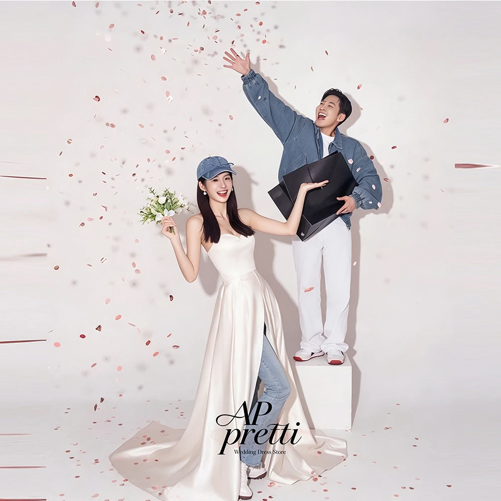 AP pretti Ivory Soft Satin Korea Wedding Dress Photo Shoot Sweetheart A Line Sleeveless Floor-Length Side High Slit Bridal Gown