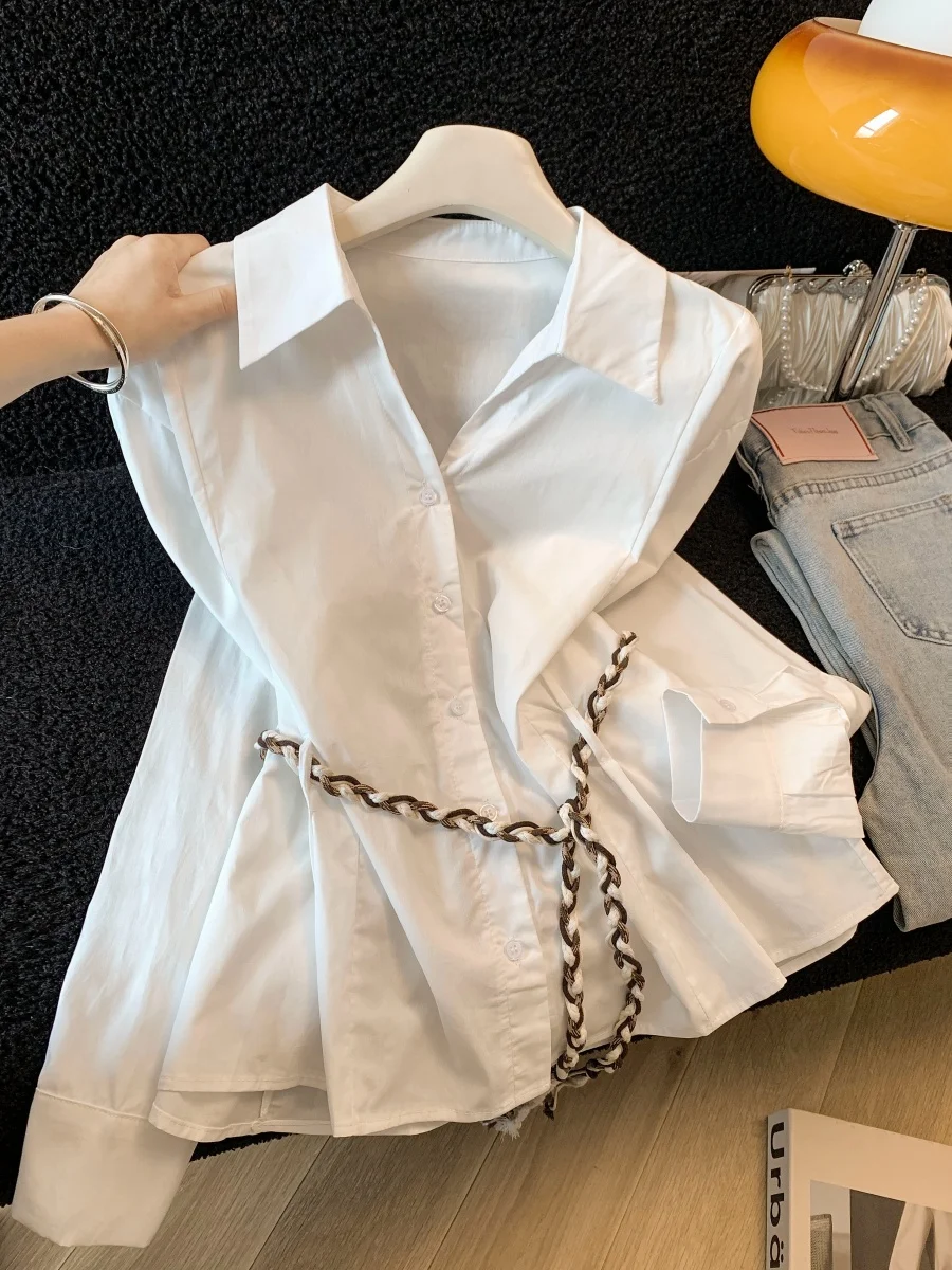 

Elegant Long Sleeve Neck Shirt Women's Spring New Style Commute Waist Cinch Slimming Pure Cotton Korean Version Shirt