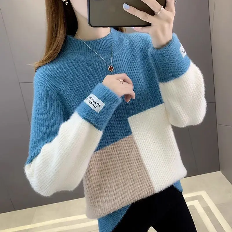 Coltrui Vrouwen Dikker Color Blocking Nertsen Bont Gebreide Trui Herfst Winter Losse Basic Trui Jas Femme Jumper