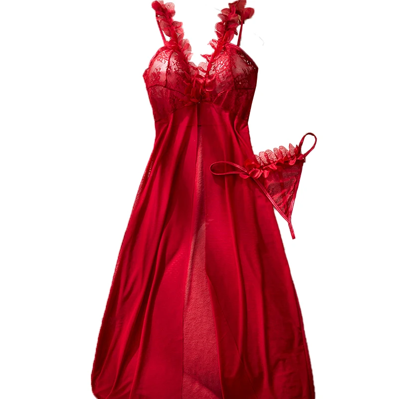 Sexy Nightgown Perspective Women's Red Mesh Long Dress Sleeping Dress Underwear Set Petal Strap Deep V Pajama Dress Clothing