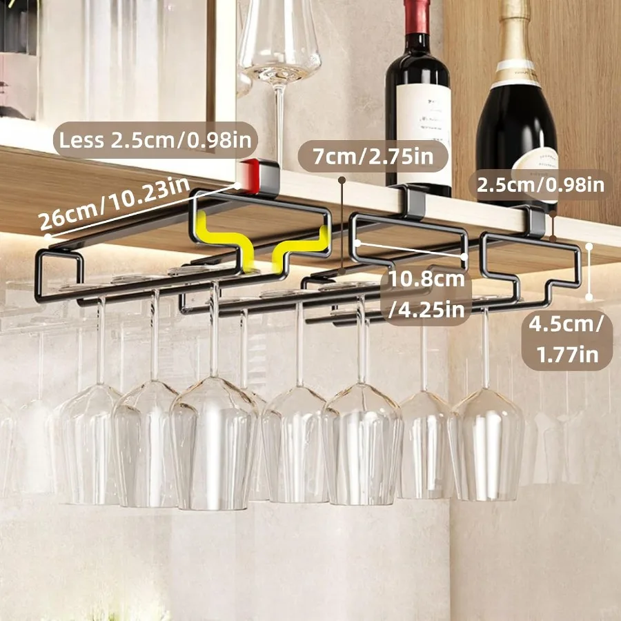 Wine Glass Holder 2PCS Stemware Rack Hanger Under Cabinet Wine Glass Rack Kitchen Hanging Glass Storage Rack OrganizerBlack