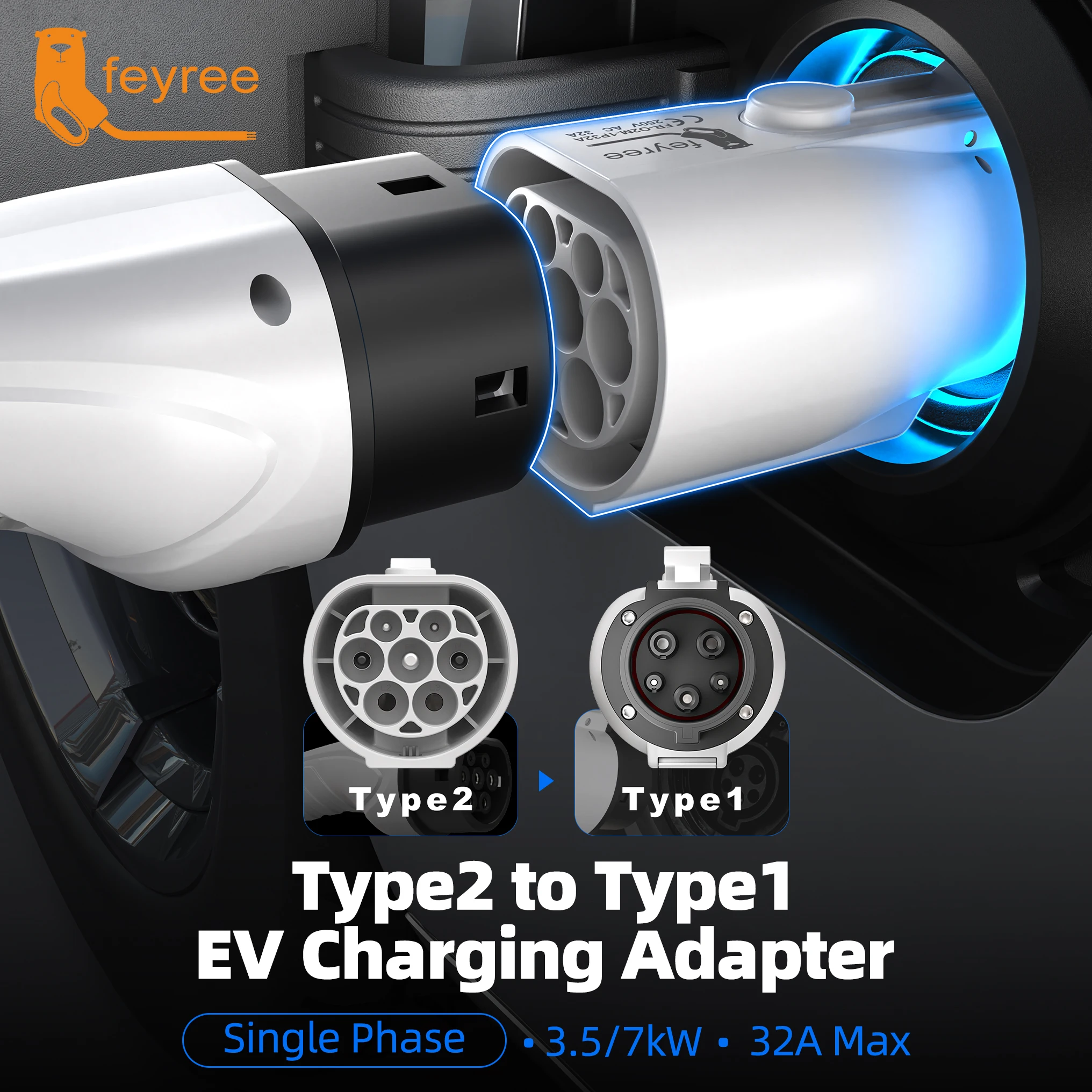 Feyree EV Charger Adapter Type2 to Type1 Car Charging Socket AC Charger Adapter 32A 1Phase 3.5KW 7KW Max for Electric Car