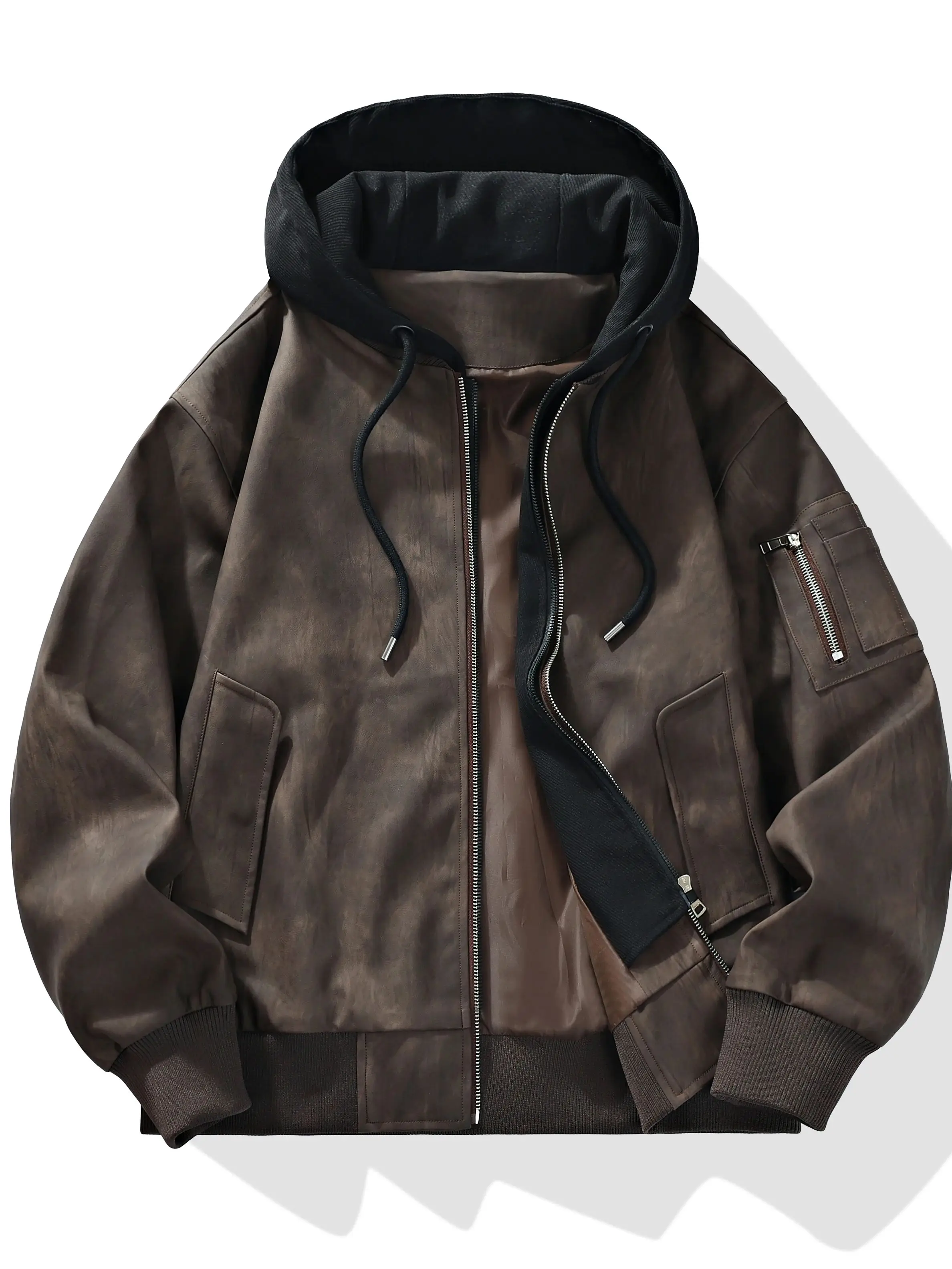 Men's Large Hooded PU Leather Jacket, Durable Washable Workwear Style, Tough Look Fits Up to 145kg, Ideal for Outdoor Activities
