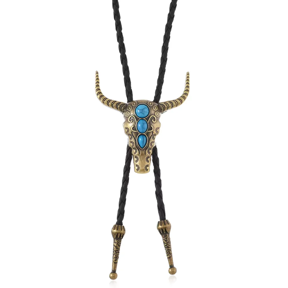 New Turquoise Bull Head Bolo Tie Vintage Alloy Sweater Chain Necktie Casual Jewelry for Men Women Accessory