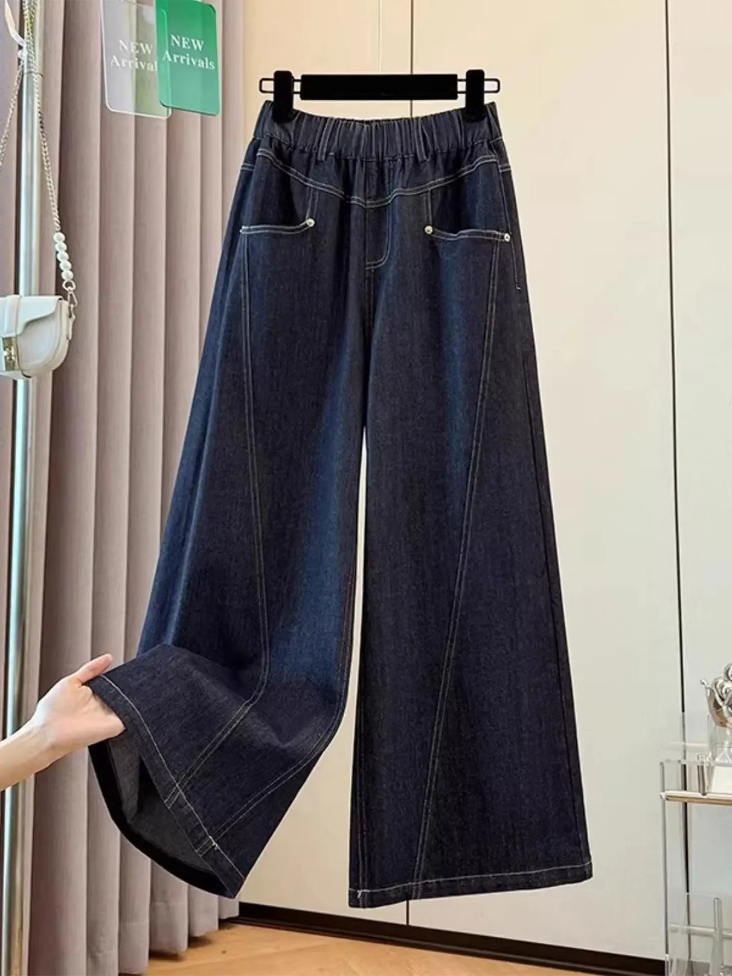 

Deep Blue Wide Leg Jeans Women's Spring New plus Size Pear ape Loose Elastic Waist Casual Trousers High Waist Straight Fit