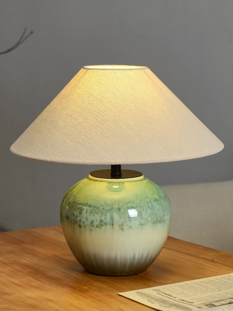 

Wabi wind lamps living room bedroom bedside lamp Japanese designer ceramic new Chinese retro handmade pottery pot desk lamp