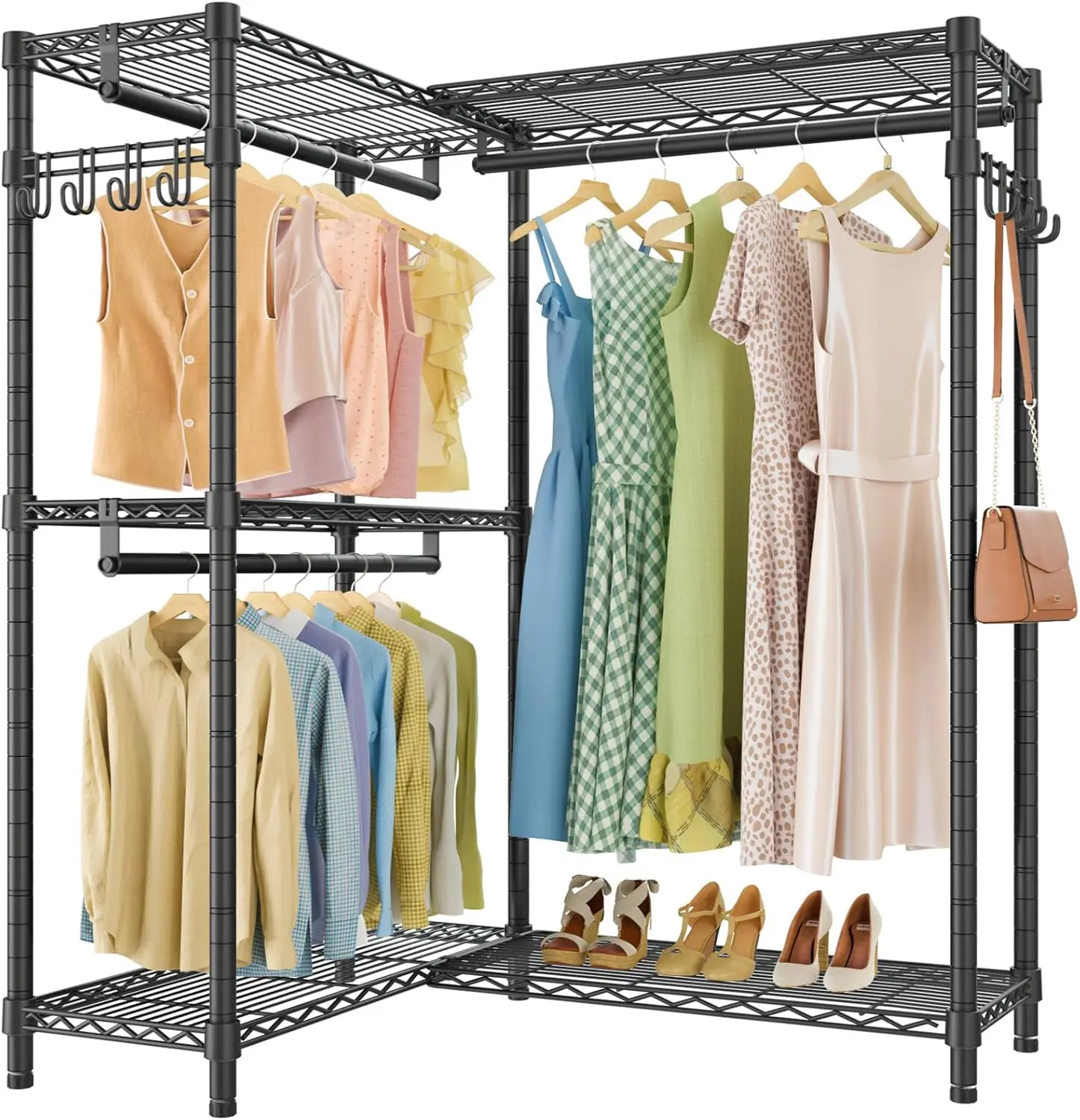 

L-Shaped Corner Garment Rack with Adjustable Shelves, 3 Hanging Rods, Heavy Duty for Closet Storage, Black