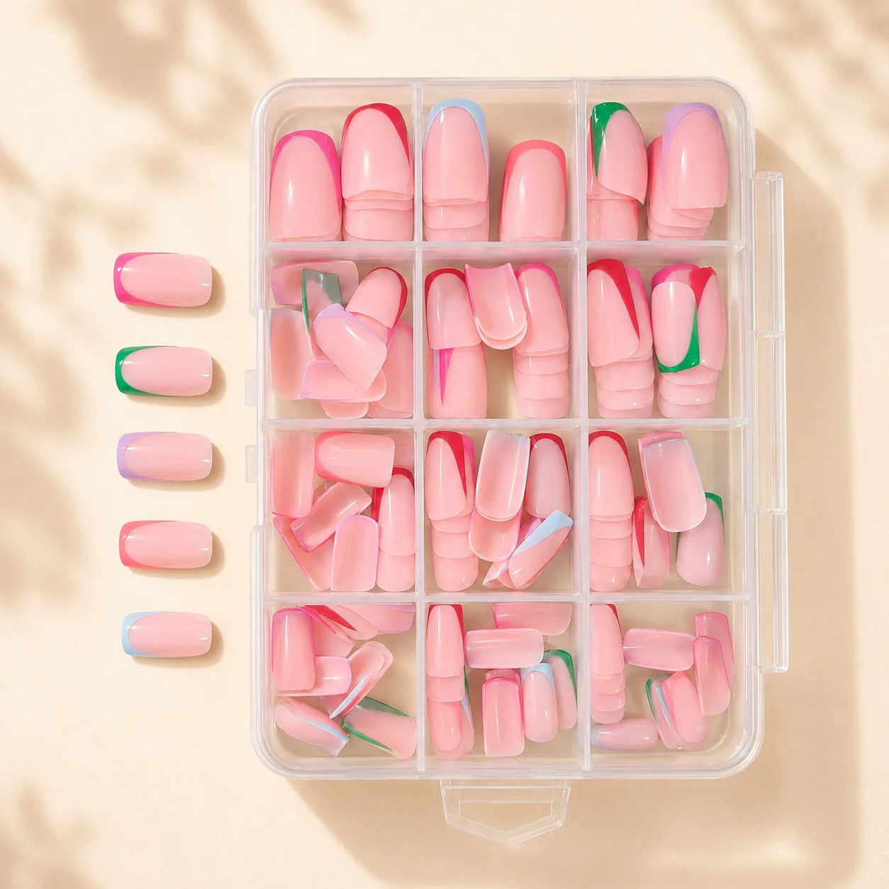 144Pcs Short Square Press On Nails Pink Multicolor French Tip Glossy Full Cover Fake Nails for Women Girls Daily Wear Party
