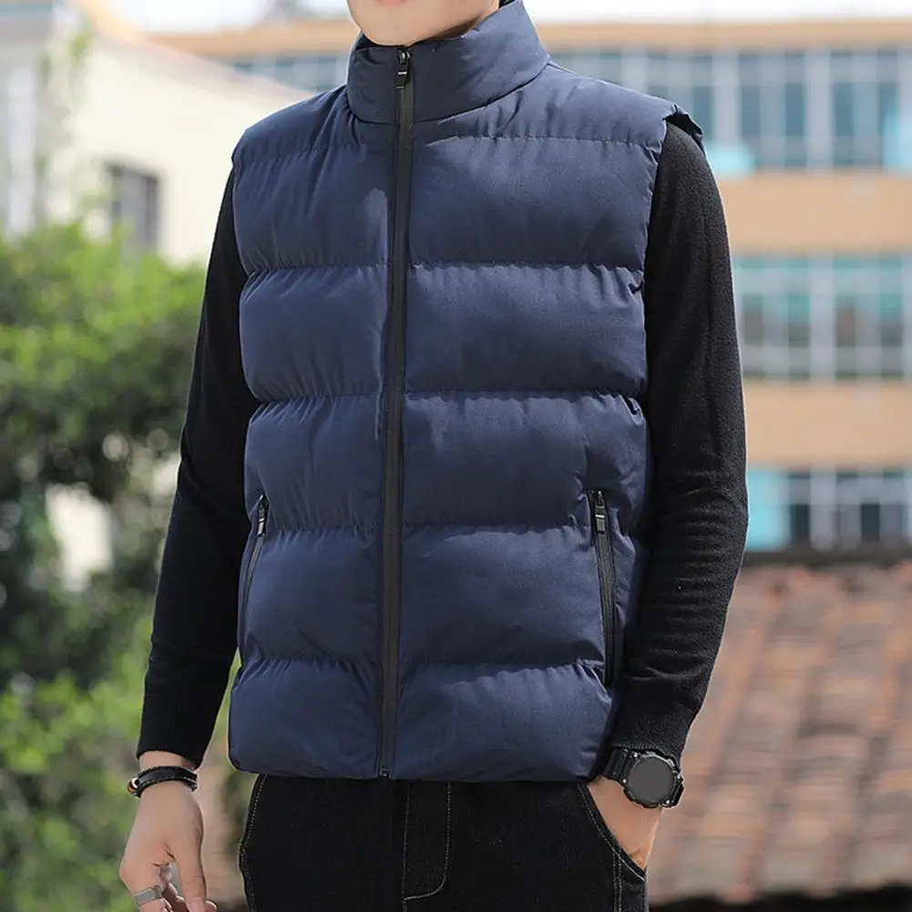 Breathable Men Waistcoat Men's Quilted Cotton Waistcoat with Stand Collar Zipper Placket Autumn Winter Sleeveless for Cold