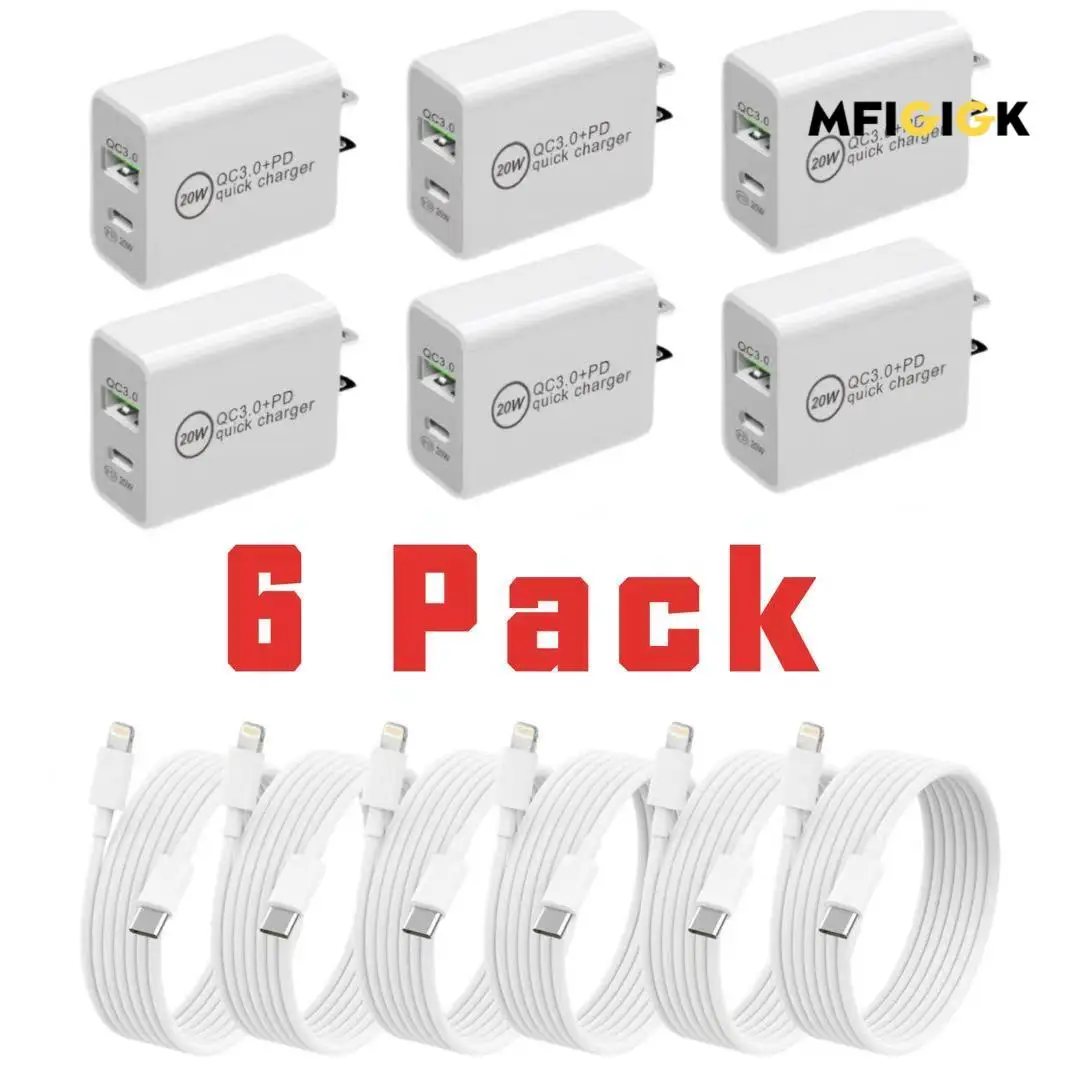 MFIGlGK 6pcs for iPhone 14 Pro Max/ 13/ 12/ 11, 20W+18W PD Type-C Charger Block