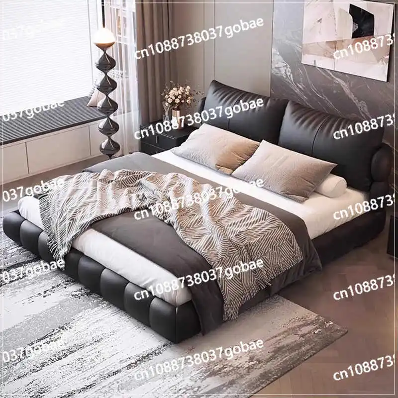 Cream Wind Puff Bed Leather Bubble Bed Master Bedroom  Modern Simple All Solid Wood Leather Art B