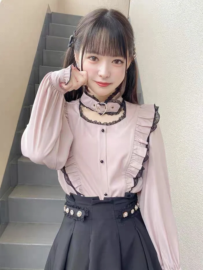 Japanese Mine Style Rojita Shirt Heart Buckle Ruffle Lace Patchwork Flare Sleeves Single-Breasted Sweet Lolita Blouse Tops Women