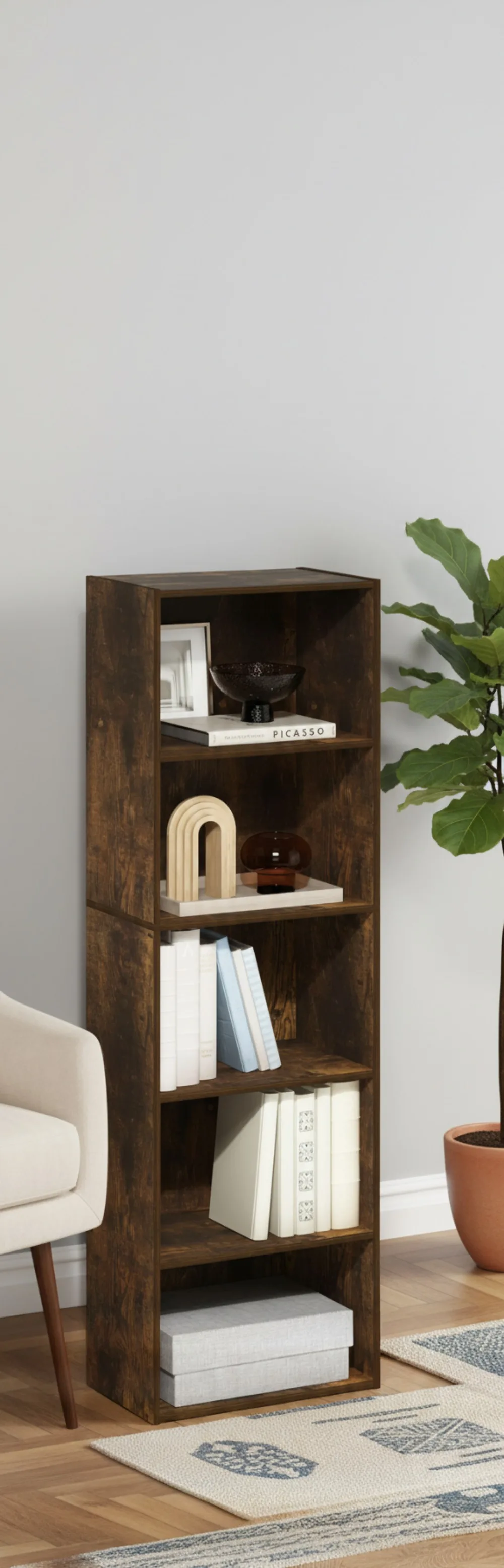 Estante de 5 camadas com prateleiras abertas, capacidade de 75 libras, para sala de estar, quarto, escritório, acabamento em pinho âmbar