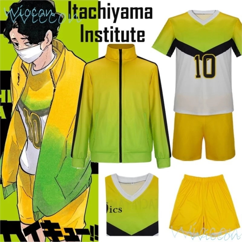 Itachiyama Instituut Uniform Sakusa Kiyoomi Anime Cosplay Kostuum Volleybal Jongen Geen 10 Uniform Sks Jas T-Shirt Groen Geel Ingesteld