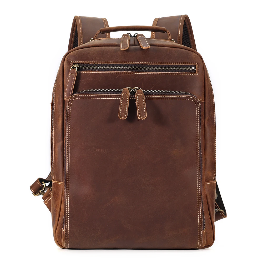 Sac à dos en cuir véritable pour homme, sac pour ordinateur portable 15.6 ", grande capacité, sac à dos scolaire et d'affaires, sac à dos de voyage vintage