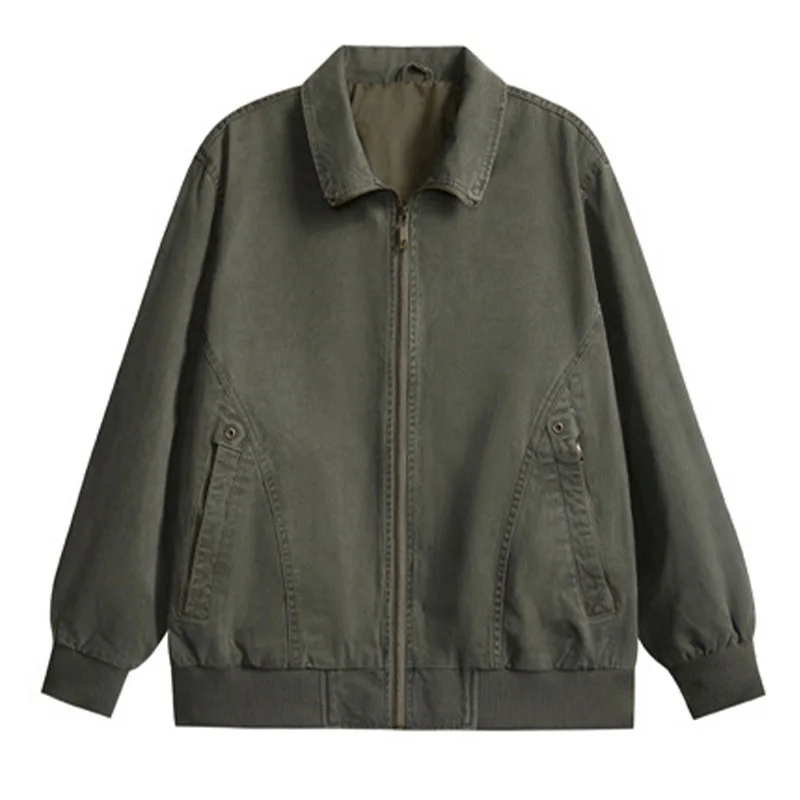 เสื้อแจ็คเก็ตสไตล์เรโทรอเมริกันสำหรับผู้ชาย ผ้าฝ้ายแท้ ทรงหลวม สวมใส่สบาย เหมาะสำหรับกิจกรรมกลางแจ้ง แต่งซิป ดีไซน์แบบวินเทจ