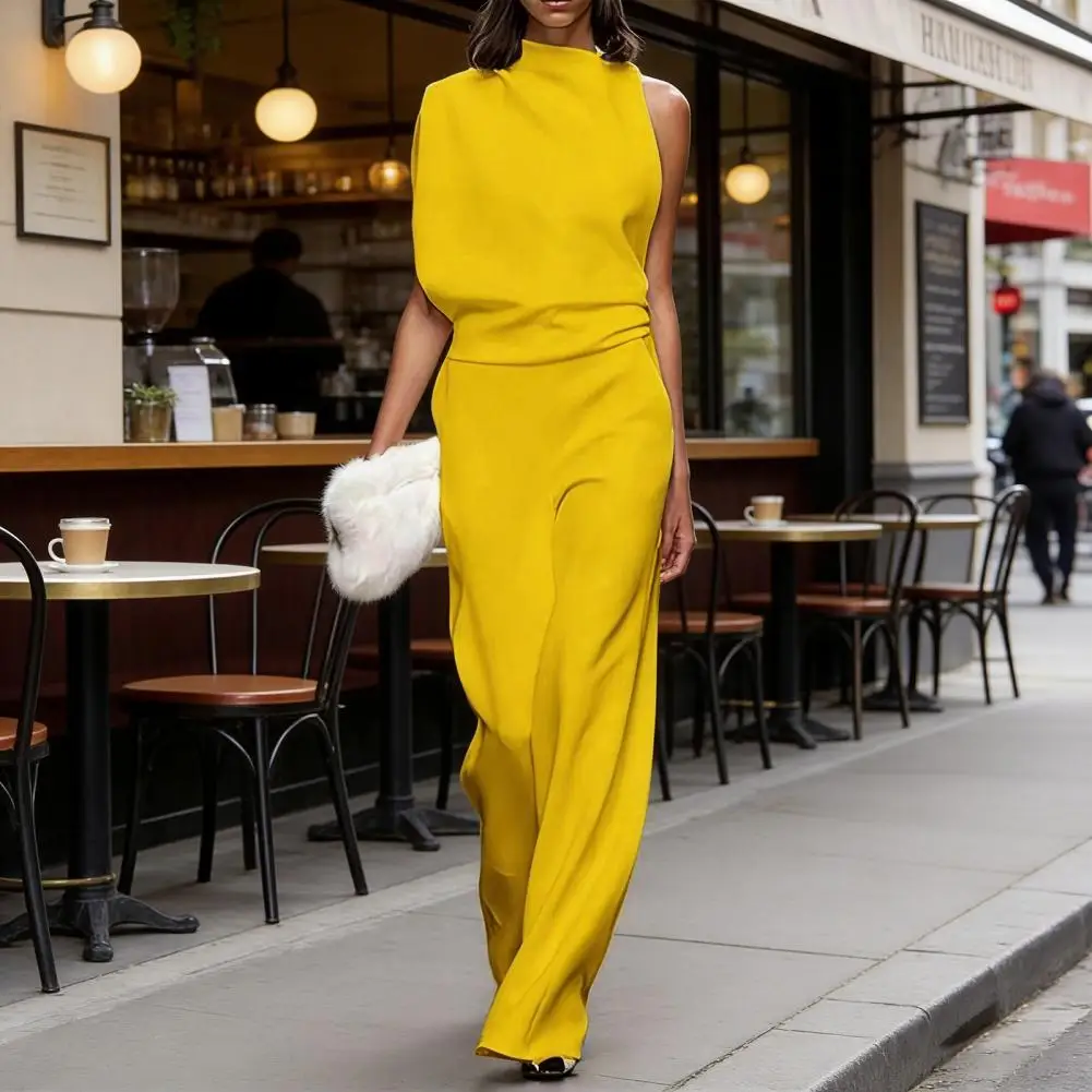 Spring And Summer Simple Solid Color Fashion One-shoulder Pile Collar Jumpsuit British Style Mid-waist Pleated Hollow Jumpsuit