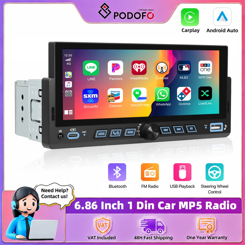 Podofo 1 Din 6,86 pouces Lecteur MP5 Stéréo pour Voiture Système Intelligent de Voiture Android Auto Carplay Sans Fil Mirrorlink Autoradio Universel Écran Tactile Lecteur Multimédia GPS WIFI FM BT Autoradio Support Caméra Arrière