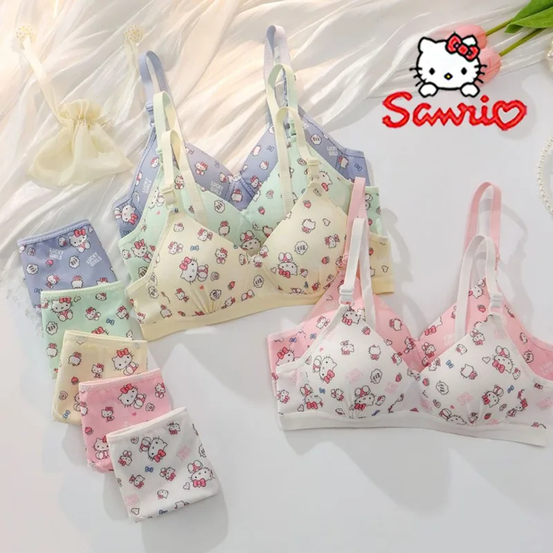 Sanrio Hello Kitty Underwear Kawaii Cartoon Girls Sexy Bra No Wire Push Up Underwear Woman Sports Shockproof Bra Pants