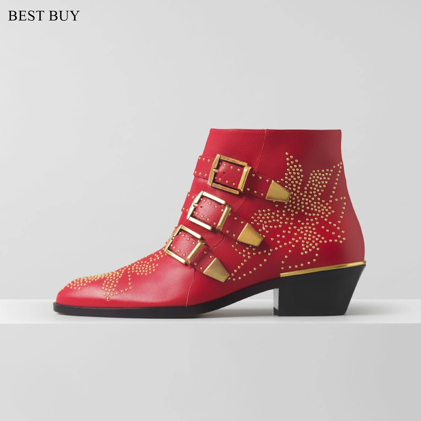 Cowgirl Boots Women Round Toe Rivet Flower Boots Susanna Studded Genuine Leather Ankle Boots Women Botines Luxury Botas Mujer