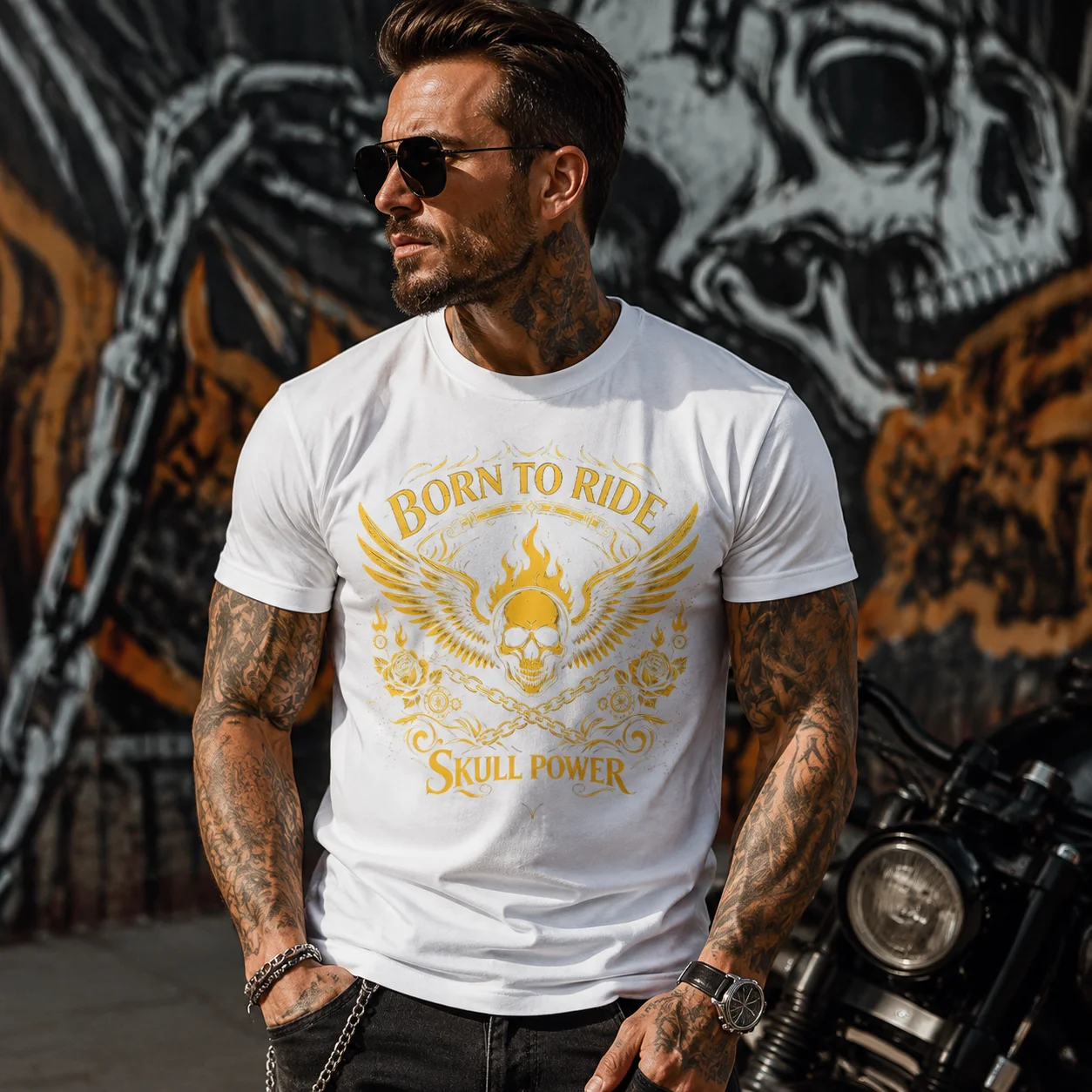 Born To Ride Skull Power Winged Skull Graphic T‑Shirt Men Vintage Biker Motorcycle Rose Chain Short Sleeve Tees 100% Cotton