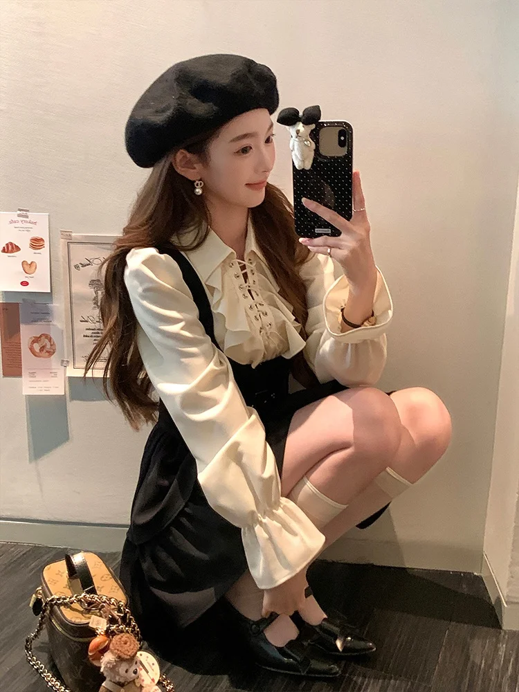 

Женский комплект из двух предметов: блузка с длинным рукавом и юбка с завышенной талией, с кружевной отделкой, осенний модный наряд от китайского производителя