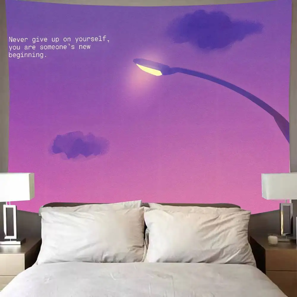 Vaporwave Encouraging Quotes Sunset Tapestry Purple Pink Dusk City Sky Cloud Scenery Aesthetic Evening Landscape Bedroom Decor