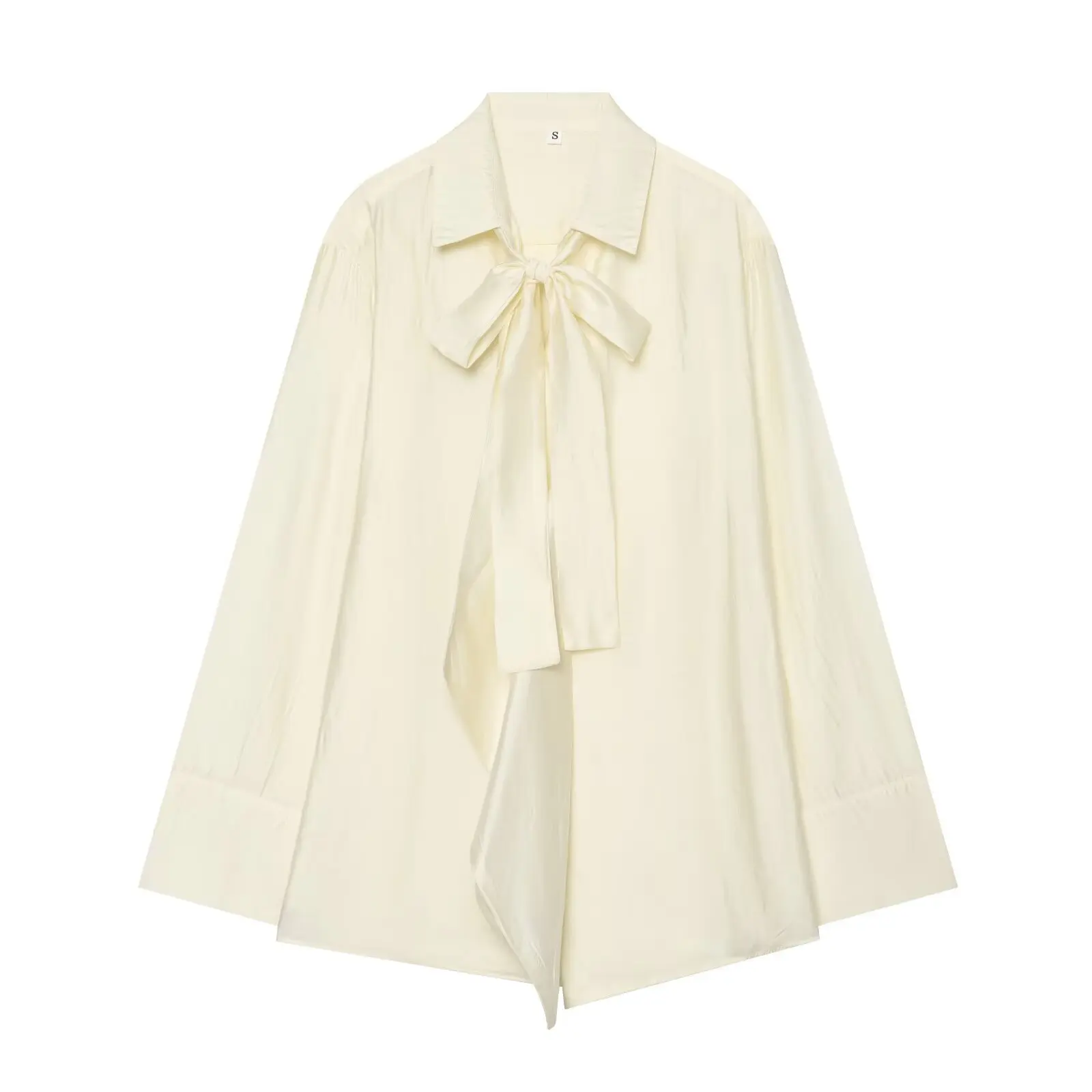 BSAY 2026 Autumn New Fashion Women Korean Style Long Sleeve Shirt Lapel Self Tie Bow Loose Elegant Solid Color Daily Wear Blouse