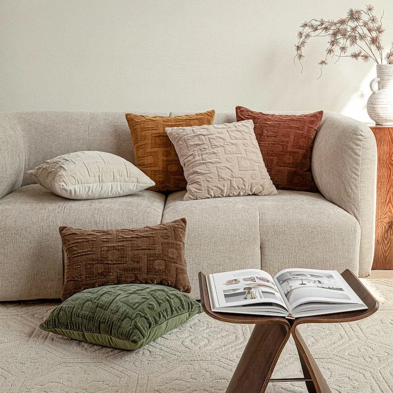 Warm Tone Textured Pillow Cover Set | Minimalist Wabi-Sabi Style Crushed Velvet Cushion Cases | Neutral Color Sofa Bedroom Decor