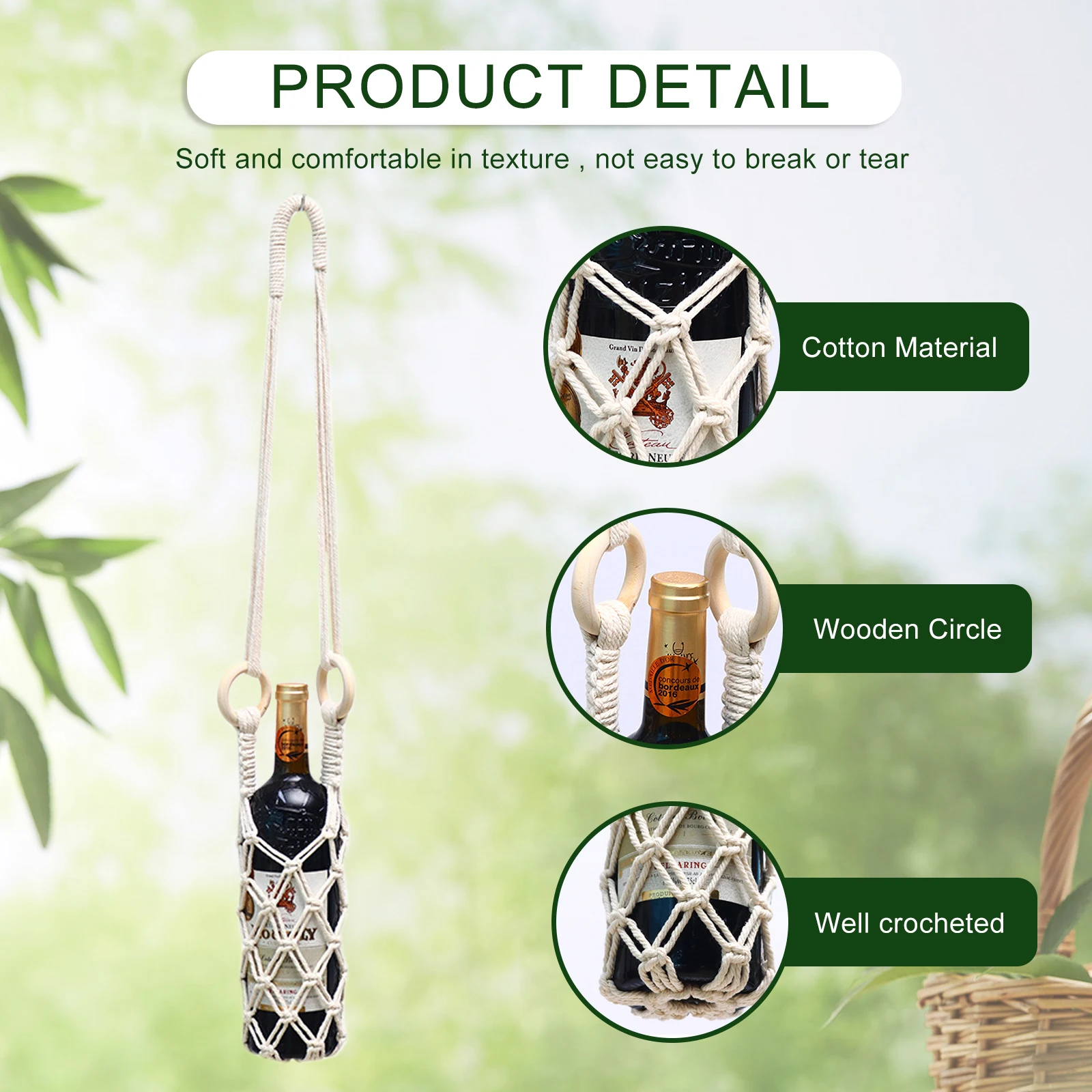 Macrame Wine Bottle Carrier Cotton Hanging Water Bottle Net Bag with Hooks Portable Bottle Storage Holder DIY Wine Accessories