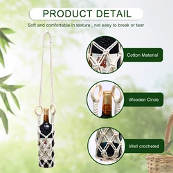 Macrame Wine Bottle Carrier Cotton Hanging Water Bottle Net Bag with Hooks Portable Bottle Storage Holder DIY Wine Accessories