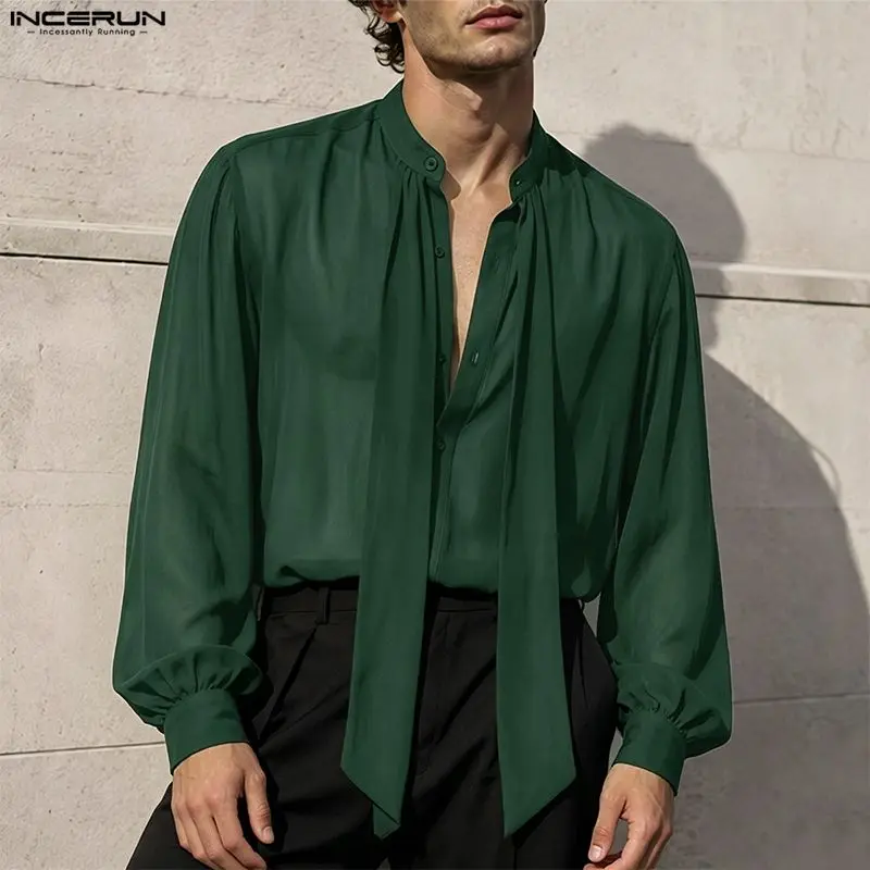 INCERUN Men's Shirt Solid See Through Long Sleeve Lace Up Men Clothes Sexy Streetwear Loose Shirts Party Fashion Tops For Man
