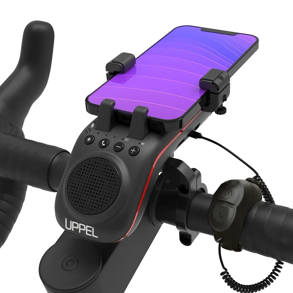 UPPEL-luz de bicicleta 10 en 1, lámpara frontal recargable de 5000mAh, soporte de teléfono para bicicleta con Altavoz Bluetooth, accesorios de