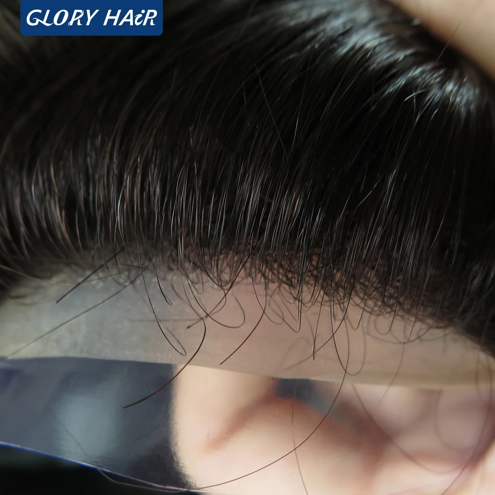 TSV - 0.08 - 0.10 ملم شعر مستعار رقيق شعر بشري هندي بدلة رجل جميع شعر مستعار بحلقة على شكل حرف V للعقل #6