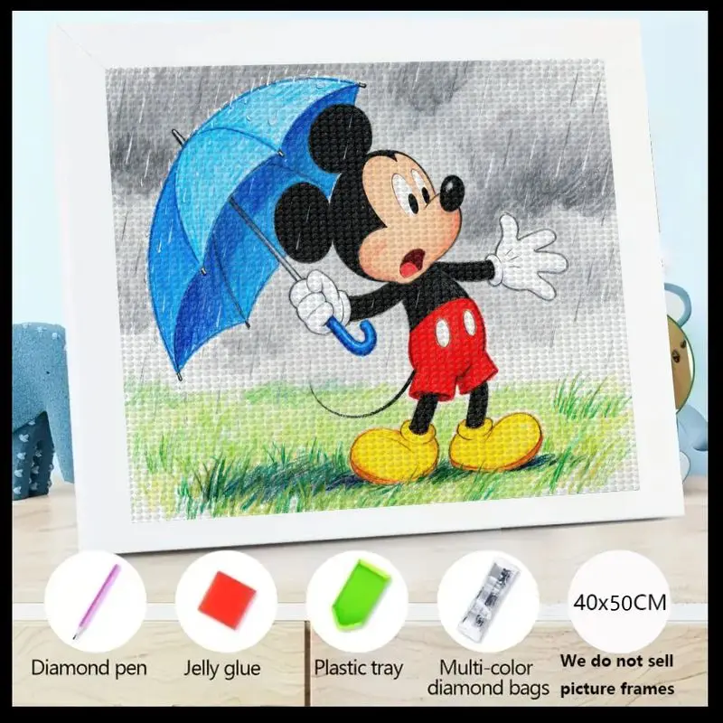 

1PC DIY 5D Full Round Diamond Painting Kit, Cute Cartoon Mickey Mouse Holding Blue Umbrella in Rainy Day Scene, Crystal Gem Art