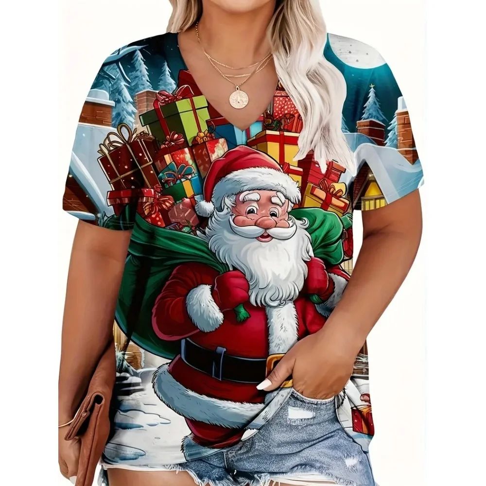 Fashion Red Christmas Day Women\'s Clothing Summer V-Neck Loose Short Sleeved Father Christmas T-Shirt Trend Hot Selling Styles