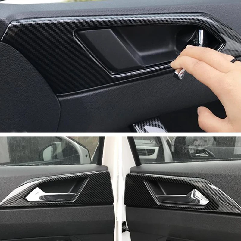 Carbon Look Interior Door Handle Cover Trim Strip Inner Door Bowl Handle Panel For Polo Plus 2019 2020 Car Styling