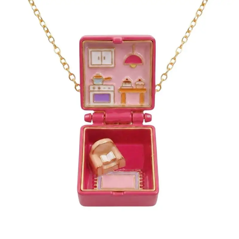 Opening And Closing Square Pendant Necklace New Bedroom Girl's Kitchen Miniature Cabin Scene Necklace Colorful Bow Necklace