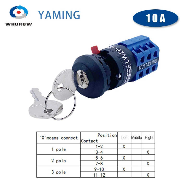 LW26-10/3S Single Hole Mounted 16.5mm Rotary Changeover Cam Switch With Lock Key Dual Power Supply Motor Forward And Reverse