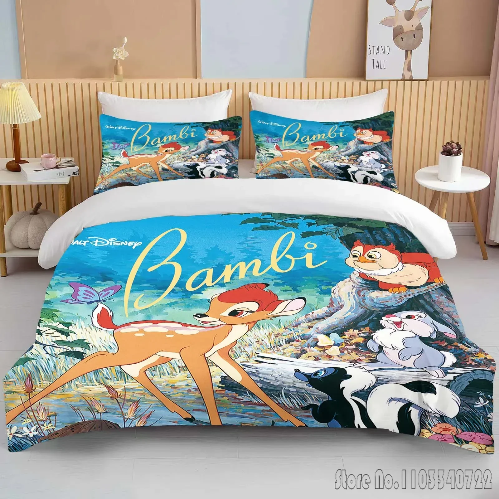 Disney Bambi Printed Soft Bedding Set Duvet Cover Anime Quilt Adult Kids Birthday Gift Full Size King Size Bedding Set