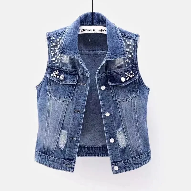 Contrasting Color Patchwork With Raw Edges Hooded Vest Women\'s 2024 New Loose Skinned Denim Waistcoat Casual Denim Vest Lady