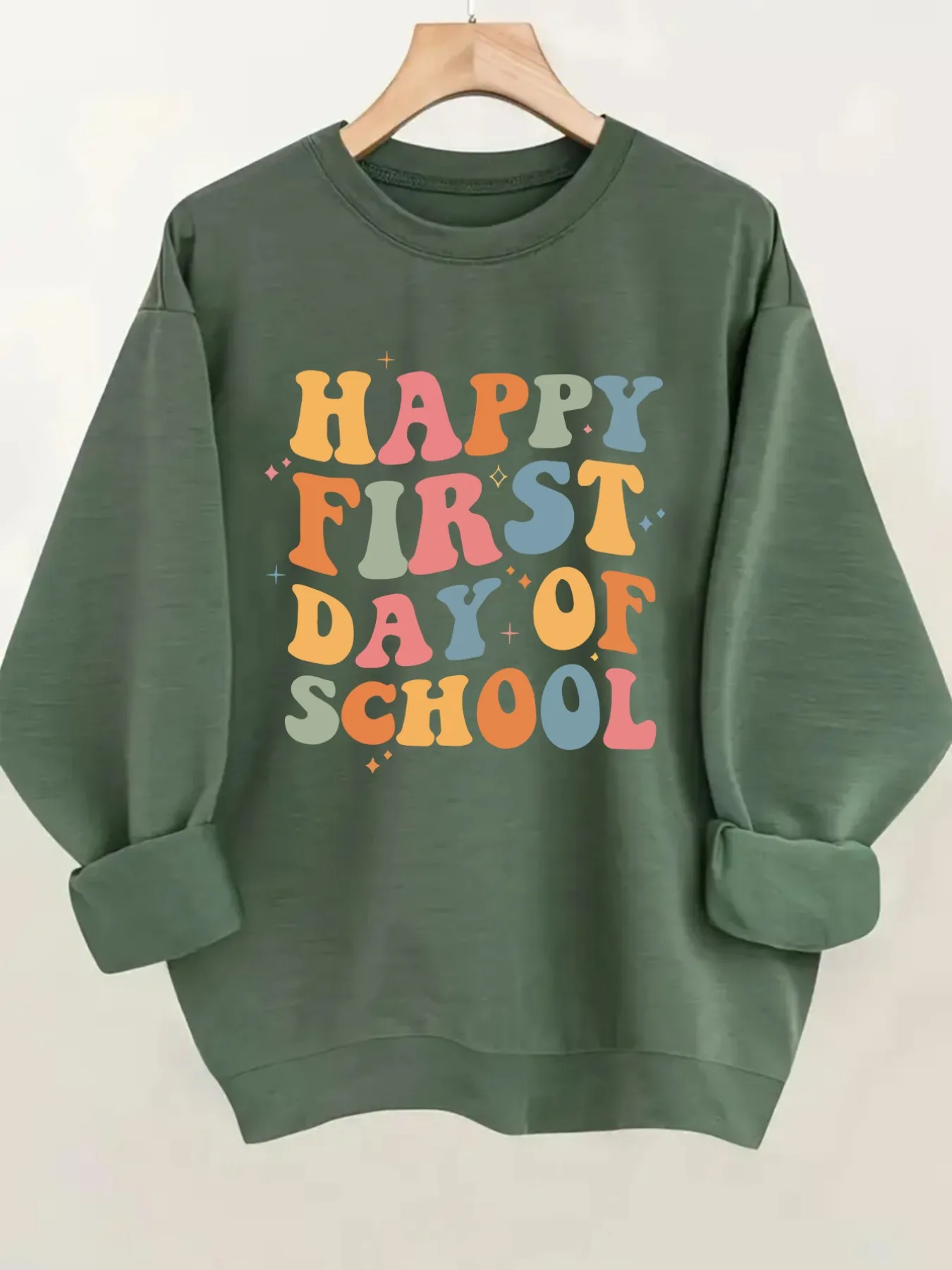 Women's Crew Neck Pullover Sweatshirt Happy First Day Design, Soft Casual Long Sleeve, Daily Casual Top Outfit, Winter Women's Clothing, Thanksgiving Outfit