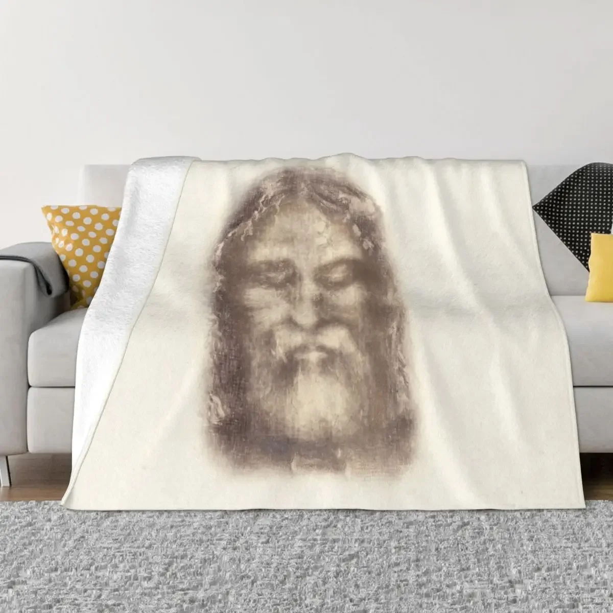 Shroud of Turin Face of Jesus Christ with Crown of Thorns Beige Vintage Background Painting HD High Quality Throw Blanket