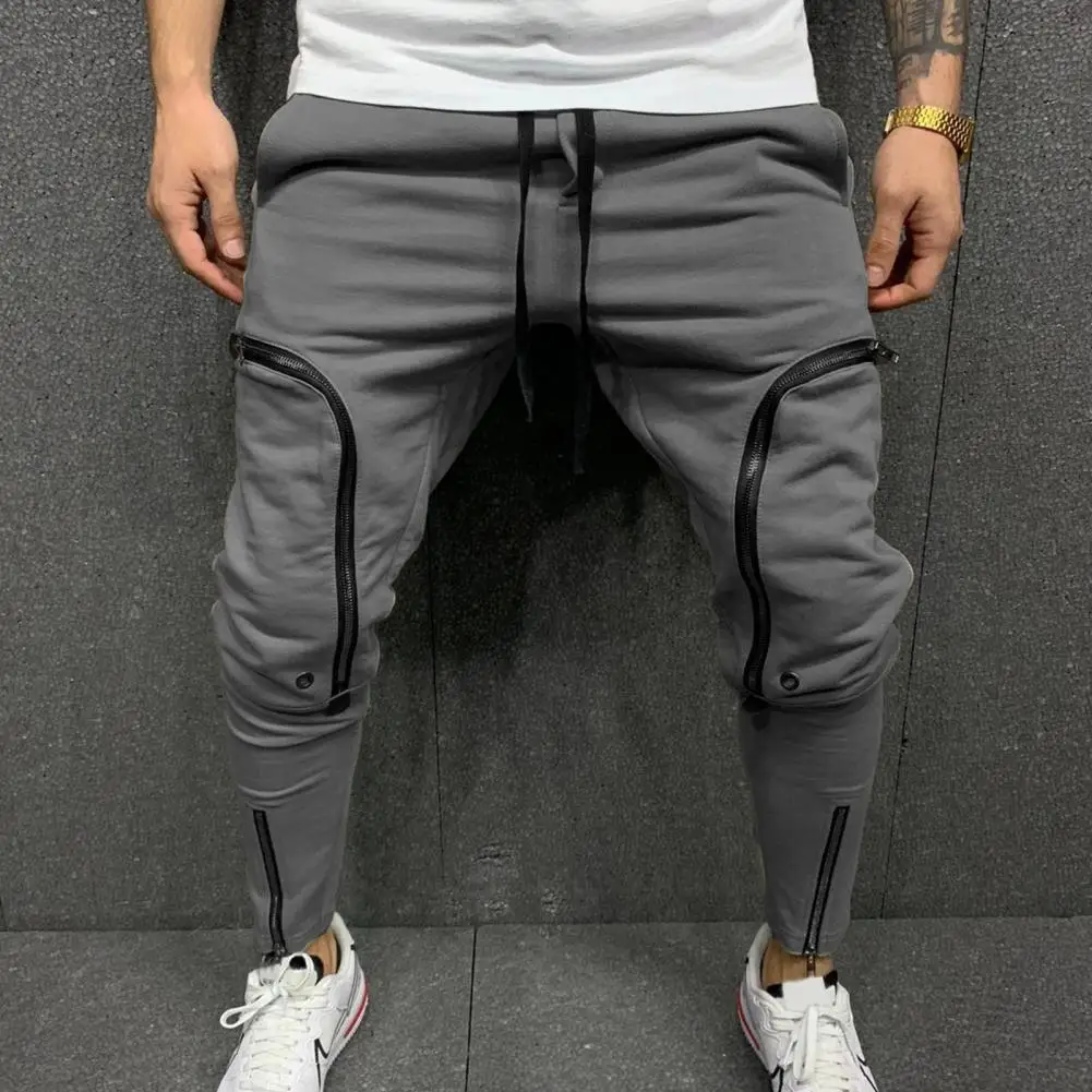 Men Pants Jogger Solid Color Drawstring Casual Multi Zippers Pockets Trousers Casual Sporty Sweatpants Elastic Waist Pants