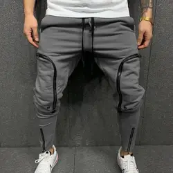 Men Pants Jogger Solid Color Drawstring Casual Multi Zippers Pockets Trousers Casual Sporty Sweatpants Elastic Waist Pants