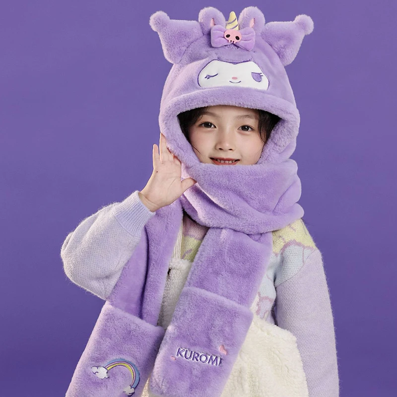 Miniso Kuromi Winter Children Hat Scarf Gloves Three-piece Kid Cap 3 in1 Girl Headcap Neck Cover Schoolgirl Neckwarmer Warm Gift