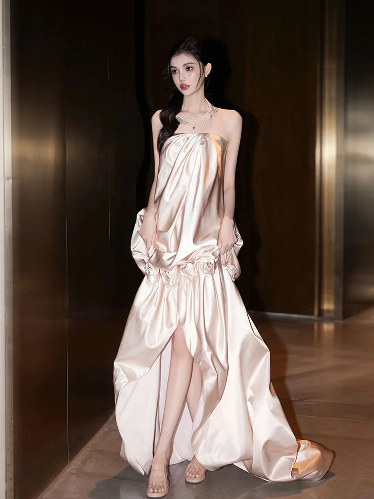 

Ele Morning oot Wedding Dr Women's Luxury Light Luxury Bridal Gown with Chest Strap Long Evening Gown for Par