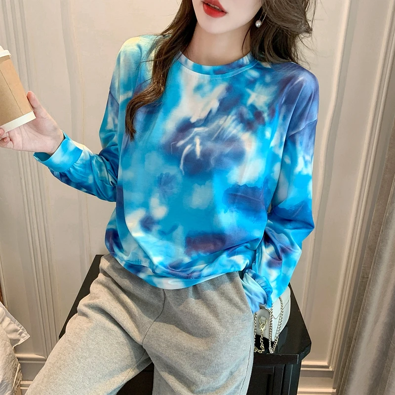 Maglietta da donna autunno o-collo nuova maglietta a maniche lunghe Tie Dye maglietta da donna maglietta abbigliamento donna maglietta Camiseta magliette M262