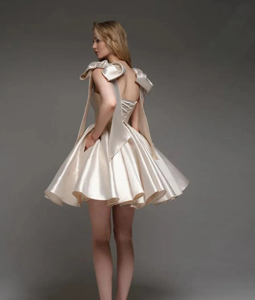 Abito da sera con fiocco 3D con spalline a trapezio in raso grazioso personalizzato Abiti per occasioni speciali senza maniche senza spalline