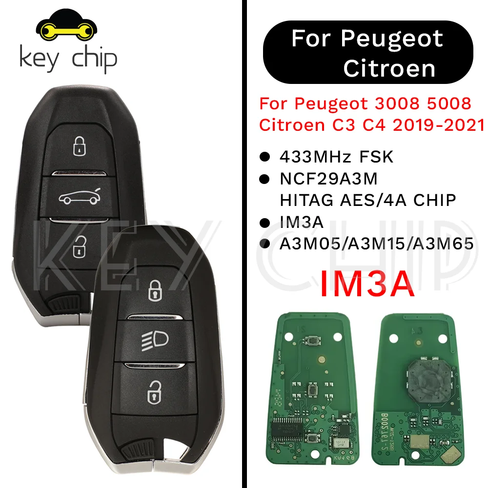 

Умный ключ IM3A A3M05, A3M15 и A3M65 433 МГц для Peugeot 3008 5008 Citroen C3 C4 2019-2021 4A ЧИП
